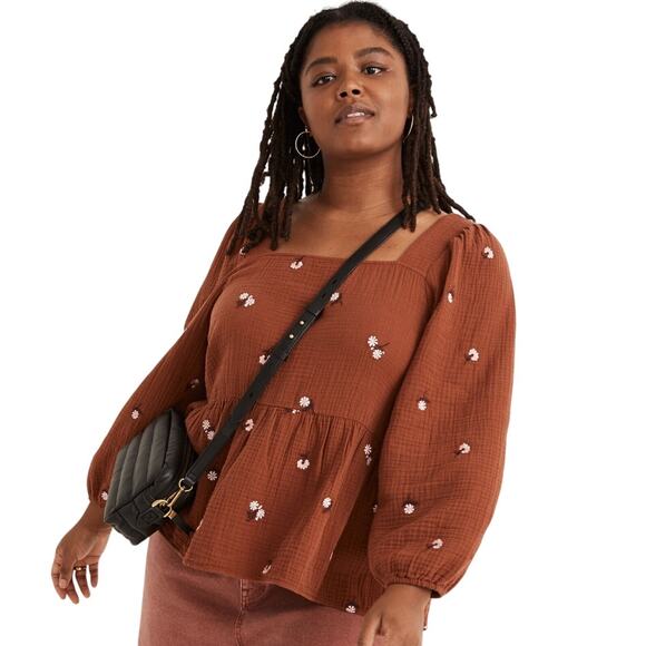 Madewell Tops - Madewell Amie Floral Embroidered Lightspun Millbrook Puff-Sleeve Peplum Top XL